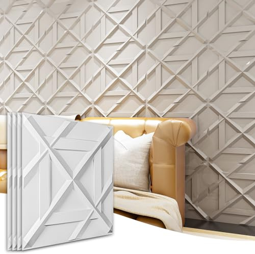 Art3d Decorativ PVC Glue-Up 3D Wall Panel, 19.7 x 19.7 in, 12-Pack, White | Waterproof, Scratch Resistant, Wall & Ceiling Decor Panels, Ideal for Commercial Spaces