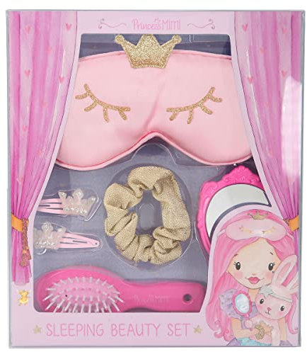 Depesche 11339 Princess Mimi - Sleeping Beauty-Set in Geschenk-Box mit einer Schlaf-Maske in Rosa, einem goldenen Scrunchie, 2 Haarspangen mit Krönchen, einer pinken Haar-Bürste und einem Hand-Spiegel