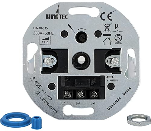 UNITEC für LED-Leuchtmittel mit 3 bis 60 W und ohmsche und induktive Lasten von 7 bis 110 W, mit Druck-Wechselschalter und Schraubklemmen Dimmer, Silber