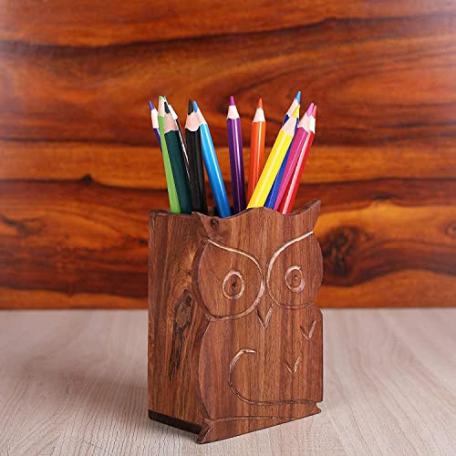 IBLAY Dekorativer Stiftehalter und Bleistifthalter aus Holz, Eulen-Design, handgefertigt, traditionell, Schreibtischbedarf, Schule, Büro, Schreibwaren, Organizer & Heimtischdekoration