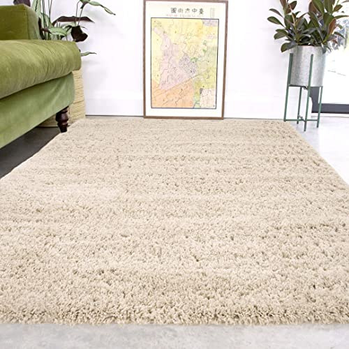 Thick Fluffy Shaggy Living Room Area Rug Neutral Beige Cream Soft Plush High Pile Carpet Furry Stain Resistant Bedroom Hallway Kitchen Bathroom Rugs 120cm x 170cm