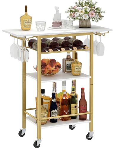 LAATOOREE Bar Cart, Home Bar Serving Cart, 4 Tier Mobile Drink Beverage Cart, Rolling Kitchen Shelf with Wine and Glass Holder, for Dinning Room, Living Room, Kitchen