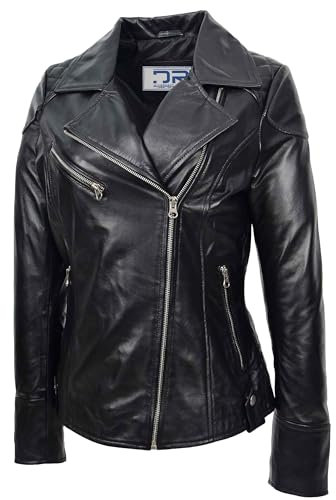 Divergent Retail Harper Damen Bikerjacke aus echtem Leder mit Kreuzreißverschluss und Taschen, Schwarz, Schwarz , 46