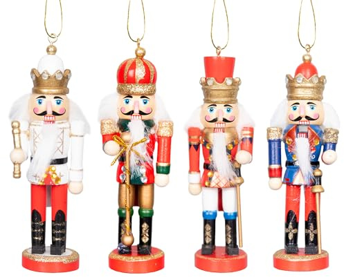 SHATCHI 13cm Wooden Christmas Nutcrackers 4pcs Set - Soldiers King Puppet Moving Parts Figurines Christmas Tree Hanging Decoration Ornaments