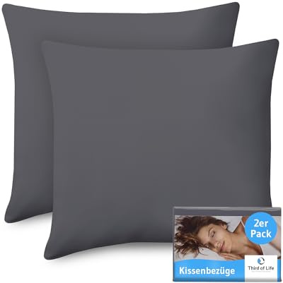 Kissenbezug 80x80 Dunkelgrau Doppelpack, Mit Premium Mako-Baumwolle | Kopfkissen-Bezüge für 80 x 80 Kissen, Kissenschoner, für Seitenschläferkissen, Sofakissen, 2-er Set Kissenbezüge, Ökotex 100