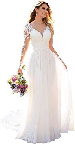 Vestido de Novia Encaje Vestido de Novia de Playa de Manga Larga Vestido de Novia en Forma de a, WZEFEIO, Blanco, 34