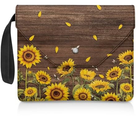 NETILGEN Buchhülle für Leseliebhaber, Geschenke, waschbar, Buchhülle mit gepolstertem Tragegriff, Lesegerät, Geschenk, 30 x 24 cm, Sonnenblumen-Holzmaserung