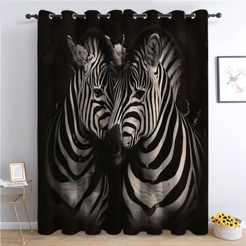 Bedruckte Verdunkelungsvorhänge mit Ösen Schwarz, Tier Malerei Zebra Blickdicht Thermo Isoliert Vorhänge, Privatsphäre Schützende Gardinen für Schlafzimmer Wohnzimmer 183x214 cm