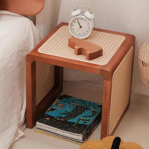 Tavolino quadrato, tavolino in rattan in legno massello comodino rettangolare comodini boho sgabello cambio scarpe per piccoli spazi, soggiorno camera da letto e corridoio (colore : ciliegia) (ciliegi