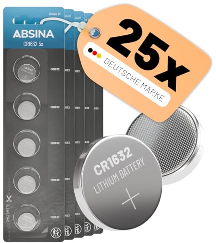 ABSINA CR1632 3V Lithium Knopfzelle - auslaufsicher & Lange Haltbarkeit | 25er Pack Batterien CR 1632 - Knopfzelle für Autoschlüssel, Uhr und vieles mehr - Batterie 1632