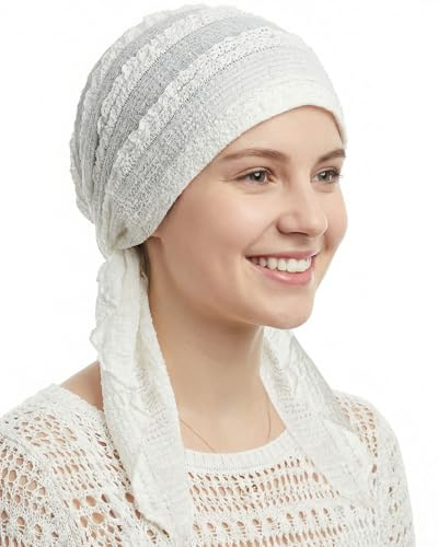 Babalet Slip-On Pre-Tied Beanie Women Headwear Turban Beanie Caps Head Wrap Headscarf for Women Sleep Hair Cover Hat Stretchy Lace Fabric, White