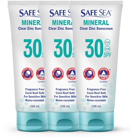 Safe Sea Lot de 3 crèmes solaires à l'oxyde de zinc SPF30 | Crème solaire minérale transparente pour le visage et le corps sans fonte blanche | Lotion protectrice anti-piqûres de méduses | Format