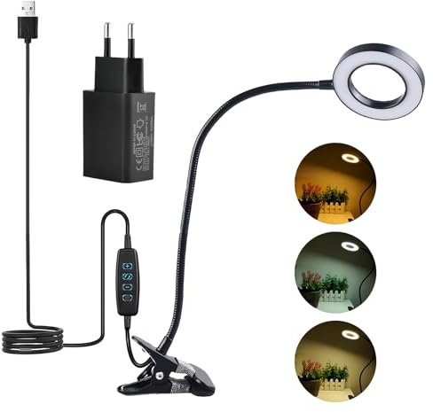 GOEDCH Loupe 5X avec lumière : loupe avec lumière et support, lampe de lecture LED à intensité variable avec pince USB pour bricolage, lecture, couture, personnes âgées