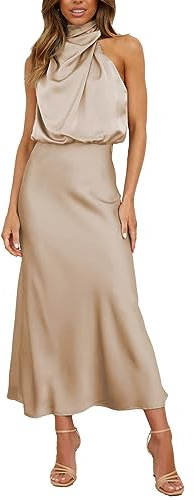 BDSCZW Robe élégante en satin pour femme - Sans manches - Taille haute - Robe de mariage, robe de cocktail, robe de bal, de fête, robe midi