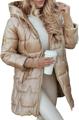 Goolecrimp Donna Inverno Sottile di Media Lunghezza Imbottito Caldo con Cappuccio Piumino Lucido Caldo lungo con Cappuccio Parka Antivento di Media Lunghezza con Cappuccio Piumino (Champagne,XL)