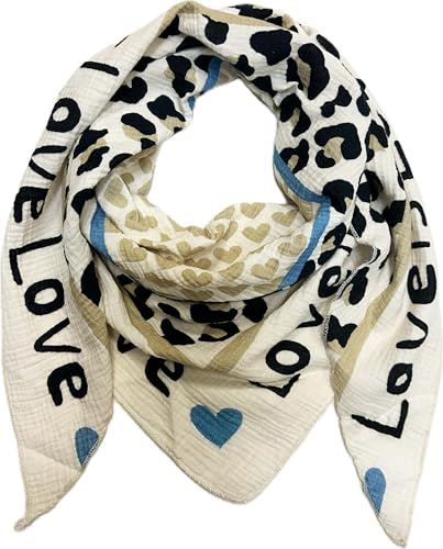 Écharpe triangulaire XL en tricot motif cœur léopard printemps écharpe 100 % coton fabriqué en Italie mode écharpe triangulaire automne printemps foulard léopard love is love happy, beige, 190 x 85 cm