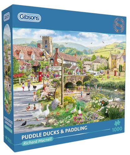 Gibsons Puddle Ducks & Paddling 1000 Piece Jigsaw Puzzle for Adults – Village Countryside Scene by Richard Macneil – Peaceful British Artwork – Premium Sustainable Puzzle Made in the UK/EU