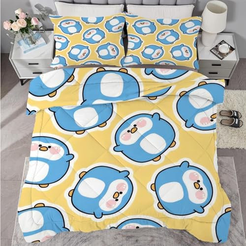 buyluhn Bettdecke 180x220 Pinguin, 4 Jahreszeiten Bettdecken Karikatur Ohne Bezug Nutzbar, Kinder Steppdecke Ganzjahresdecke, Waschbar Bettzeug mit 2 Kissenbezug für Sommer Winter