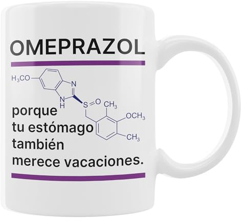 Taza Divertida Omeprazol Taza de Café Graciosa con Frase Chistosa Regalo Original para Comilones, Amigos, Médicos, Hipocondríacos, Familia, Oficina Porque Tu Estómago También Merece Vacaciones