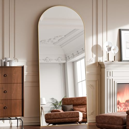 BEAUTYPEAK - Specchio ad arco a figura intera, da terra, grande, da appendere o appoggiare alla parete, con supporto, per camera da letto, spogliatoio o soggiorno, 142 x 52 cm, colore oro