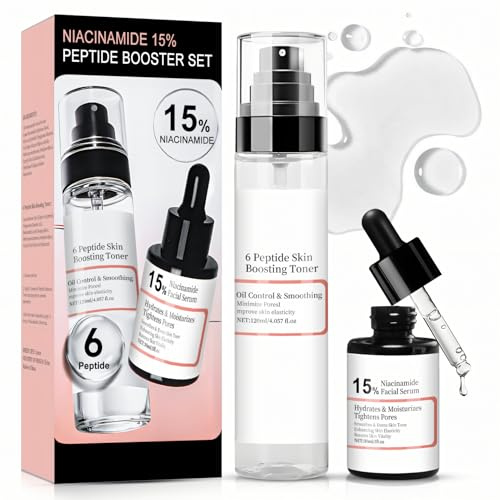 6 Peptide Collagen Serum Gesicht & Toner Gesicht, The 6 Peptide Skin Booster Serum, Peptide serum mit Niacinamide 15%, Revitalisiert die Haut, Verbessert die Hautelastizität, Beruhigt und Repariert