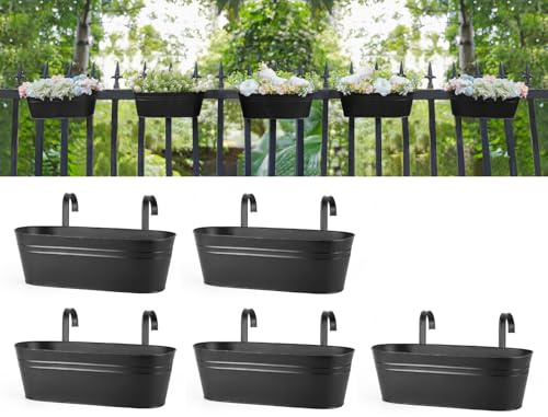 Dahey Hängende Blumentöpfe aus Metall aus Eisen für Geländer, Zaun, 40 cm, Hängetöpfe im Landhausstil, Fenster, Blumenpflanzenhalter mit abnehmbaren Haken, für Garten, Hof, Heimdekoration, Schwarz, 5