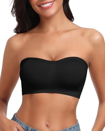 LEYSHE Women's Strapless Wireless Bandeau Bra Seamless Tube Top Invisible Bralettes with Clear Straps Padded Multiway Bra,Black,M