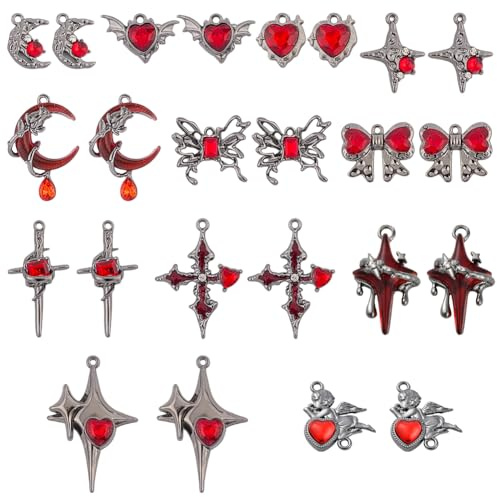 SUNNYCLUE 1 Box 24 Stück 12 Stile Gothic Herzanhänger Rote Gothic Anhänger Legierung Strass Kristall Retro Kreuz Bogen Stern Rose Baumelnde Anhänger Befunde Für Die Schmuckherstellung Armbänder Halske