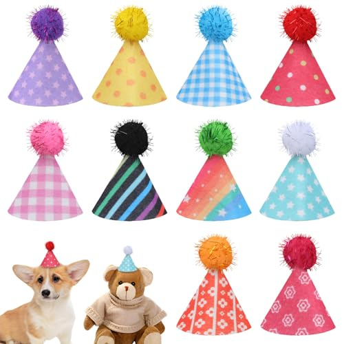 Yolev 10 Cappellini da Festa per Animali di Peluche - Mini Cappelli di Compleanno Colorati Regolabili con Pompon per Gatti, Cani, Animali Domestici, Accessori per Feste e Costumi