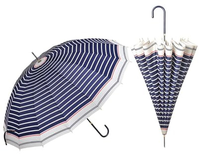 UTHDLM Paraguas Bastón Antiviento 16 Varillas Reforzadas, Mango de Cuero, Grande y Resistente, Paraguas Extra Grande a Rayas para Dos Personas, Hombre y Mujer(Blue Stripes)