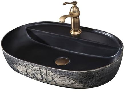 Lavandino Bagno Lavandino da appoggio antico in stile Lotus intagliato a mano, grande lavabo ovale in ceramica for bagno, balcone Lavabo