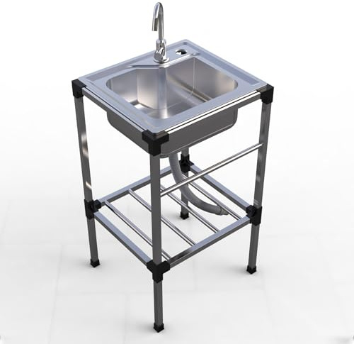 Lavello Cucina in Acciaio Inox, Lavandino da Esterno con Rubinetto Lavandino Commerciale Lavelli Autoportante Lavello di Utilità Lavabo Lavamani Industriale Garage 58X43cm