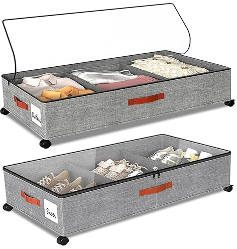 SPEEDEVE Caja de Almacenamiento Debajo de la Cama Con Ruedas,2 Piezas Organizador Ropa con Divisor ajustable y Ventana Transparente Para Zapatos Mantas Juguetes,Gris-Estilo 2,2 Piezas