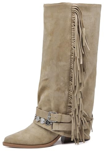 IF Stivali Texani da Donna Cowboy Cowgirl in Camoscio Sintetico con Frange Catene e Fibbie Stile Camperos boho con Ghetta GA057 Beige N.39