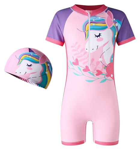 LXEASYGO Girls Swimming Costume with Swim Cap Zipper One Piece Kids Swimsuit Short Sleeve Swimwear for Children Ages 4–10