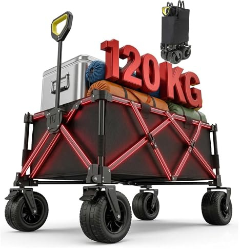 Carrito Plegable de Playa y Camping 120 kg, Carro de Transporte con Ruedas Anchas Todoterreno 360°, Tela Oxford 600D Impermeable, Mango Telescópico, Freno, Base Reforzada y Funda, Negro