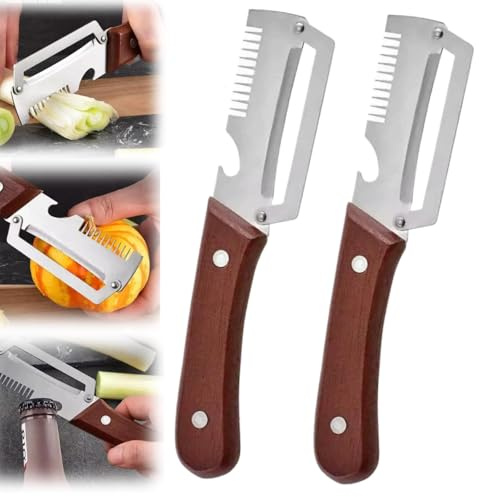 Vegetable Peeler with Solid Wood Handle, Stainless Steel, Multi-Functional, with Bottle Opener and Green Onion Cutter (Coffee, 2PCS)