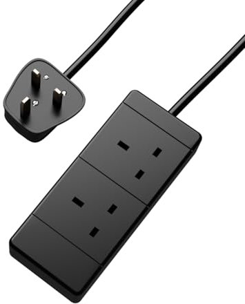 rhinocables 2 Gang Mains Extension Lead Cable, Power Strip Extender with 2 Sockets and Cord, 13 Amp Trailing Socket for Dual 3 Pin UK Plug, Suitable for Home and Office Use (2m, Black)