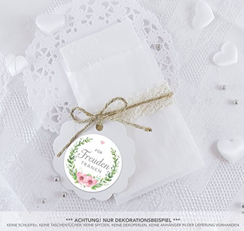 Freuden Tränen Taschentücher Set zur Hochzeit Groß 48 Sticker + 48 Pergamin Tütchen - 63 x 93 mm für Freudentränen Taschentuch Verpackungen Aufkleber in ROSA GRÜN mit Blumenkranz im Vintage Styl