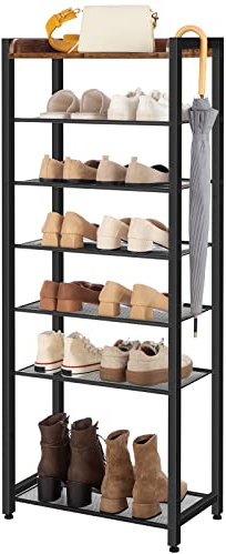 HOOBRO Schuhregal mit 8 Ebenen, Schmale Schuhablage, Schuhschrank, für 14-16 Paar Schuhe, Platzsparend, für Eingang, Flur, Wohnzimmer, Dunkelbraun-Schwarz EBF48XJ01