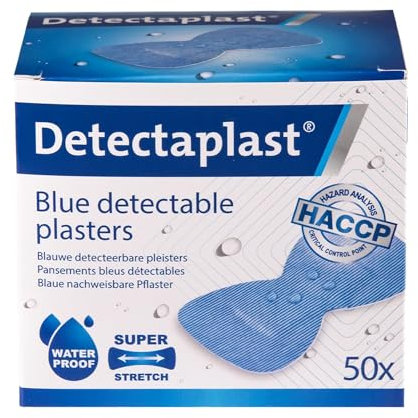 Detectaplast Pflaster wasserfest Premium, blaue Wundpflaster für den Lebensmittelbereich, detektierbare Pflaster für Erste Hilfe in der Gastro, 68 x 38 mm, Fingerkuppenpflaster, 50 Stück