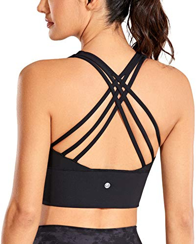 CRZ YOGA Strappy Longline Sport BH för kvinnor - Trådlös vadderad Criss Cross Yoga BH beskurna Tank Tops Svart S