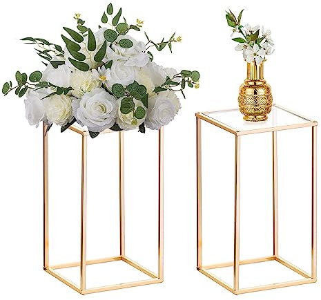 Nuptio 2 Pezzi Vaso Terra Fiore Metallo Colonna Portafiori Centrotavola Geometrica Vaso Tavoli, Portafiori in Oro Alto 40cm per Decorazioni Nozze per Feste a Casa, Espositore per Fiori Rettangolare