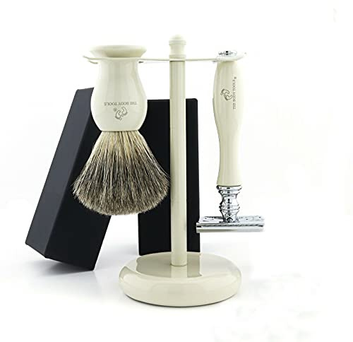 Klassisches Nassrasier-Set mit Rasierhobel und Dachshaar-Rasierbürste, Bartpflegeset für Männer