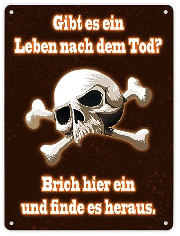 Metallschild XL in 21x28 cm mit Totenkopf Leben nach dem Tod Einbrecher Warnung Drohung Verbotsschild für Privatgrundstück mit lustiger Drohung und Totenkopfmotiv zur Abschreckung