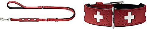 HUNTER Swiss Verstellbare Führleine für Hunde, Leder, hochwertig, Schweizer Kreuz, 1,8/200 cm, rot & Swiss Hundehalsband, Leder, hochwertig, Schweizer Kreuz, 65 (L), rot/schwarz