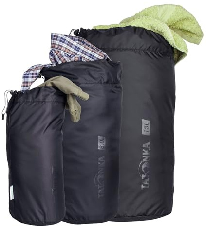Tatonka Packsäcke Stuff Bag Set 3 (4l / 8l / 15l) - DREI leichte Packbeutel mit Schnürzug - Aus recyceltem Polyester - 4, 8, 15 Liter Volumen (Black)