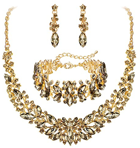 Clearine Juegos de Joyas de Mujer Juego de de Collar, Pendientes y Pulsera de Novia, Conjunto de Gargantilla de Racimo de Marquesa de Cristal,Color Marrón Oro-Tono