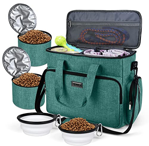 BAGLHER Dog Travel Bag, Airline Approved Pet Tote Organizer with Multi-Function Pockets, 2 X Food Storage Containers and 2 X Collapsible Bowls, Perfect Weekend Pet Travel Set for Dog, Cat Green