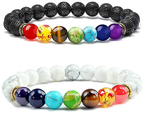 Senidea 7 Chakra Armband (2 Stück oder 1 Stück) Yoga Armband Edelstein Armbänder Natürliche Chakra Steine Lavastein Healing Reiki Energietherapie für Damen Herren